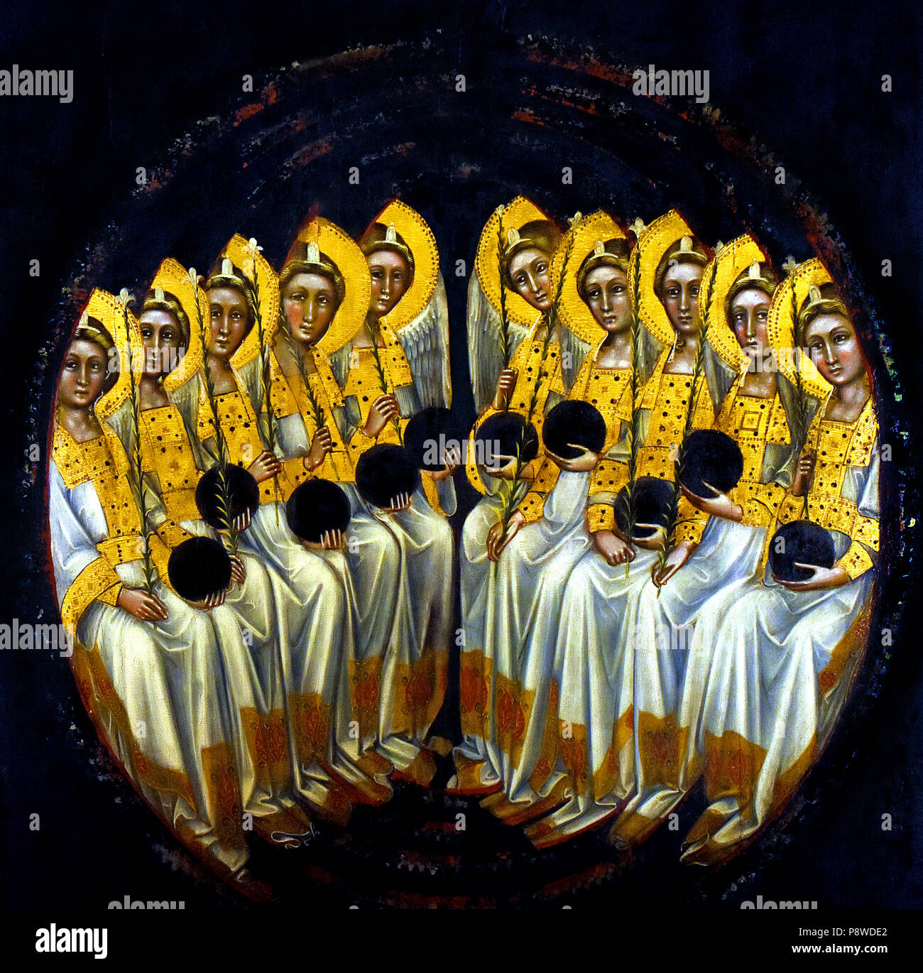 Gruppo di dieci Angeli seduti con Globo e flabello gigliato (Serafini? ) Gruppe von zehn Engel sitzend mit Kugel und Lily flabellus (seraphim?) Guariento di Arpo (1310-1370), Maler des 14. Jahrhunderts in Padua. Italien Stockfoto