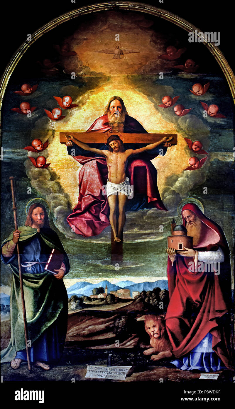 La trinita ei Santi Giacomo Girolamo - die Dreifaltigkeit und heiligen Jakobus und Jerome von Girolamo da Santacroce 1480/85-1556), Italien, Italienisch. Stockfoto