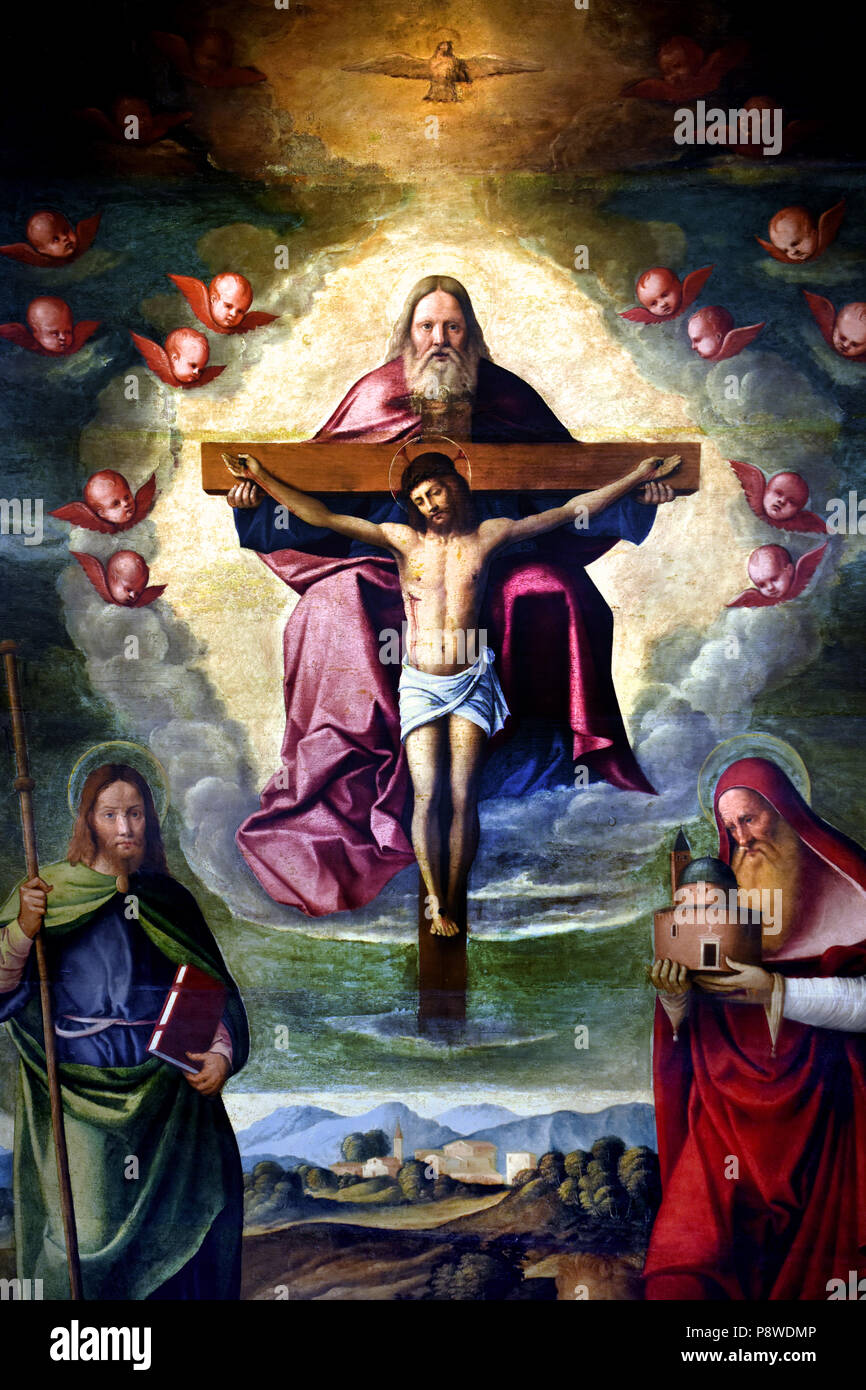 La trinita ei Santi Giacomo Girolamo - die Dreifaltigkeit und heiligen Jakobus und Jerome von Girolamo da Santacroce 1480/85-1556), Italien, Italienisch. Stockfoto