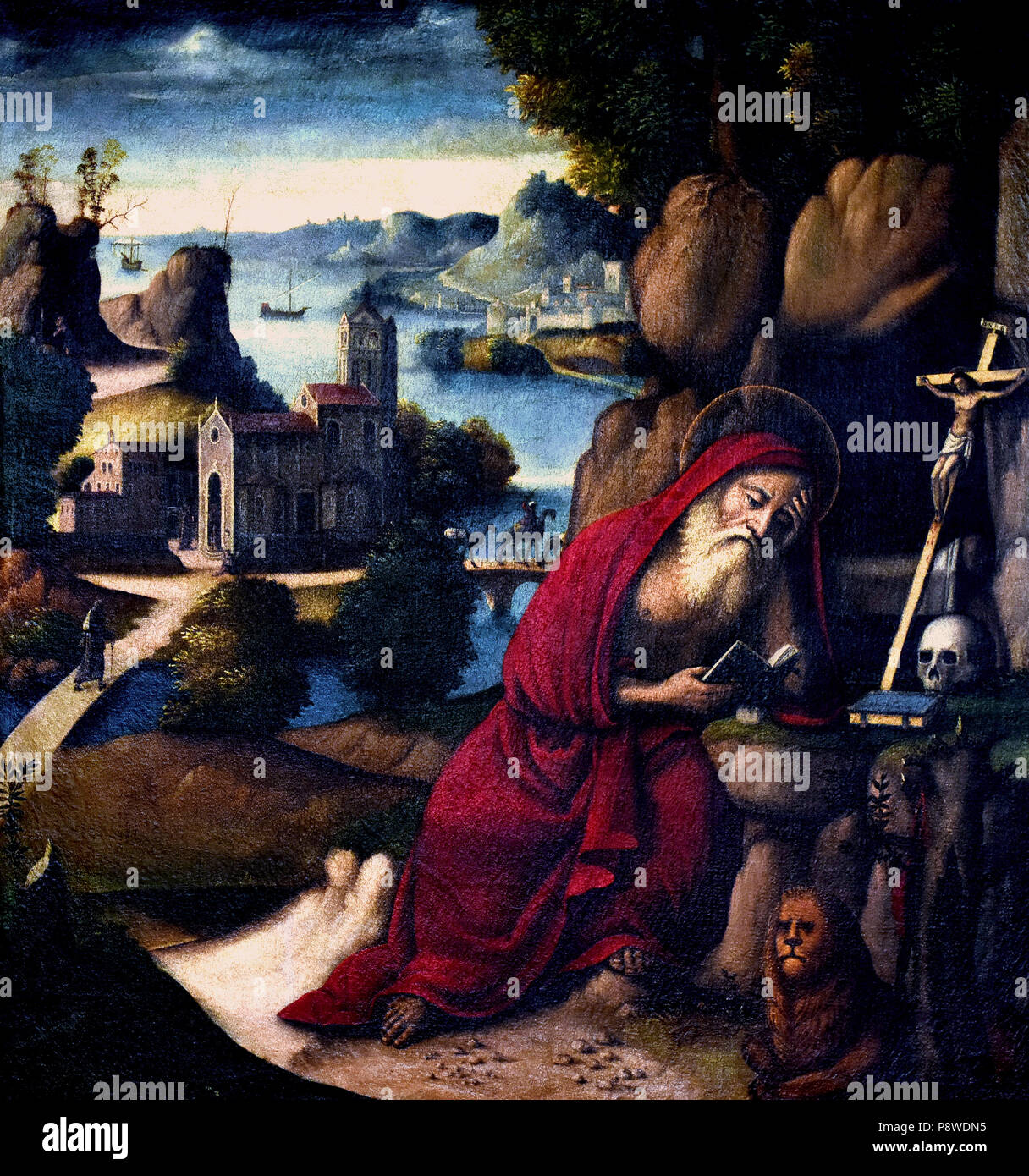 Meditazione di San Girolamo in un Paesaggio - Meditation der Hl. Hieronymus in eine Landschaft, die von der Werkstatt des Santacroce (Girolamo da Santacroce 1480/85-1556), Italien, Italienisch. Stockfoto