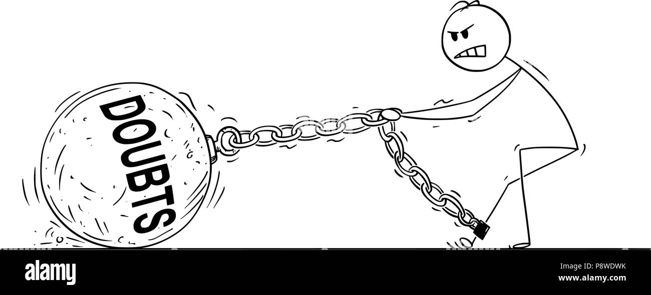 Cartoon von Menschen ziehen großen eisernen Kugel mit Zweifeln Text an sein Bein Angekettet Stock Vektor