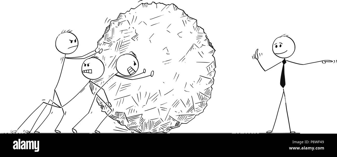 Cartoon von Business Team drücken Big Stone Ball mit Manager geben Bestellungen Stock Vektor
