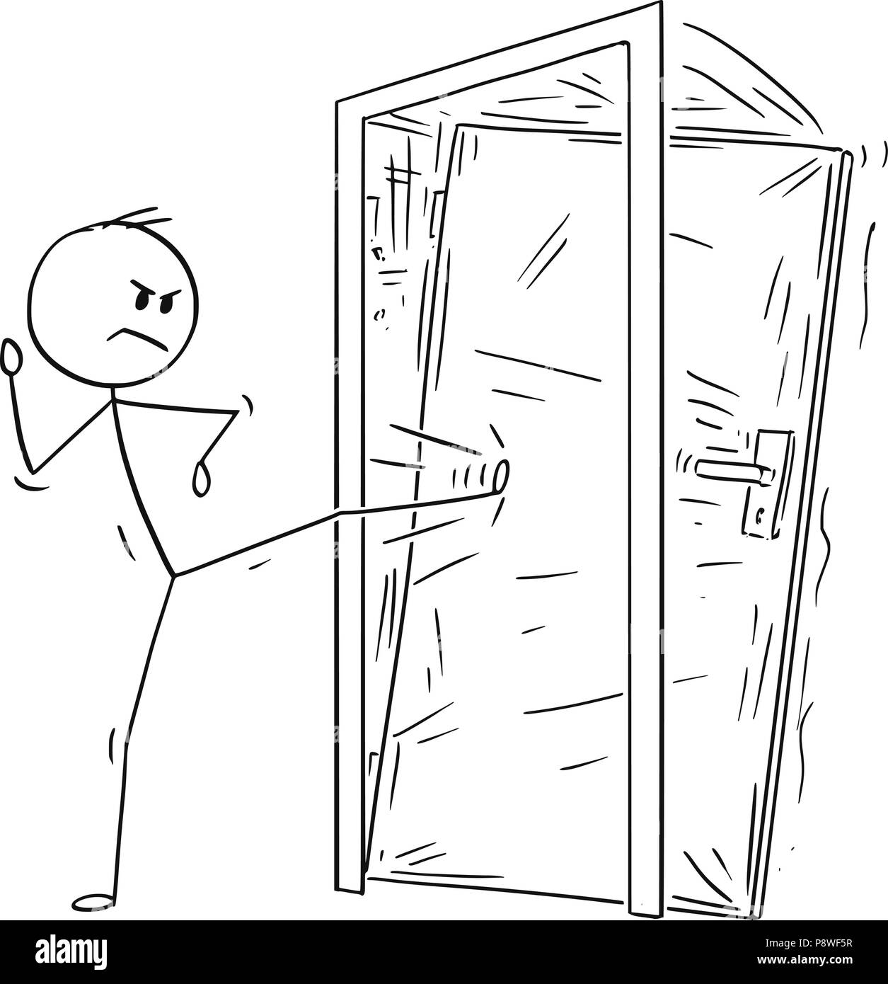 Cartoon von Mann oder Geschäftsmann treten die verschlossene Tür Stock Vektor