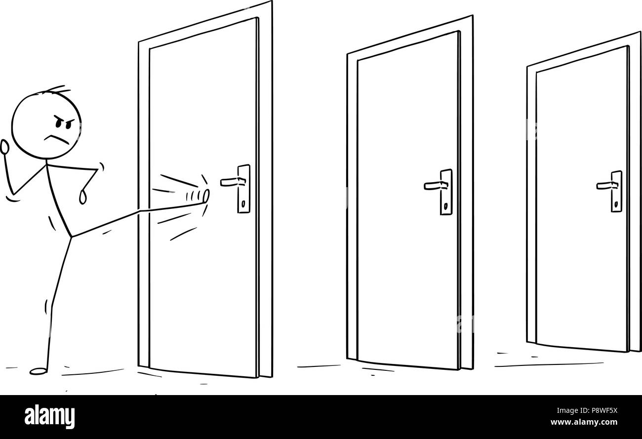 Cartoon von Mann oder Geschäftsmann treten die verschlossene Tür Stock Vektor