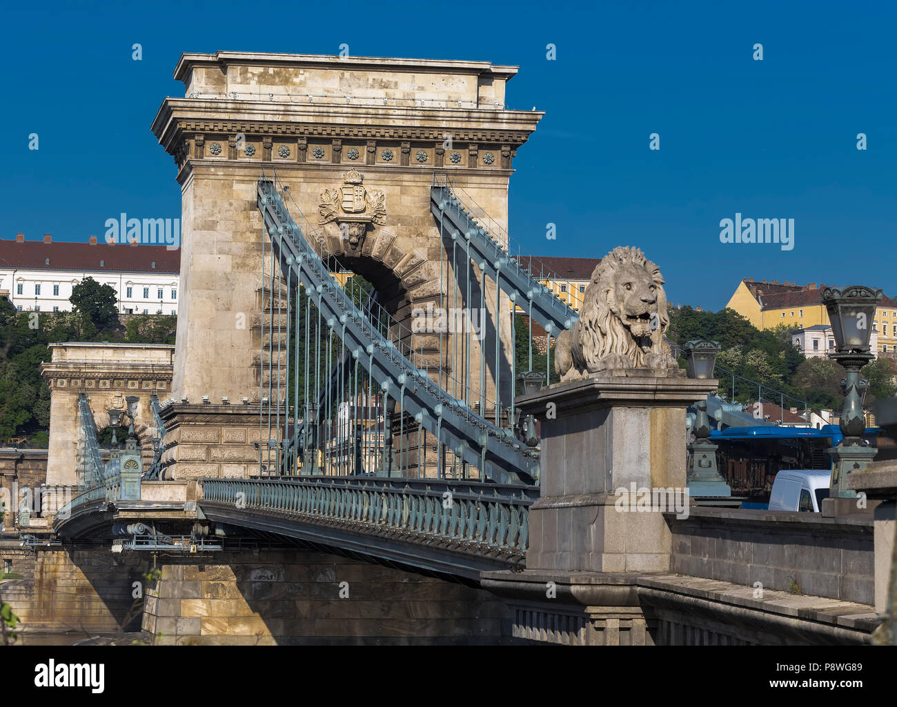 Kettenbrücke - Hängebrücke über die Donau verbindet die beiden historischen Teil von Budapest - Buda und Pest, im Jahr 1849 eröffnet. Stockfoto