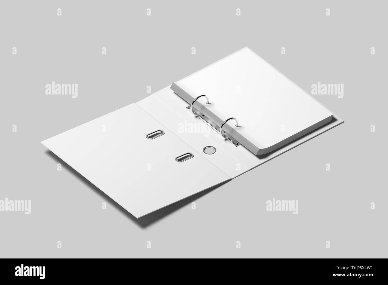 Leere weiße geöffnet Ring Binder design Mockup, 3D-Rendering. Self-binder Mock up mit Stack von A4-Papier. Bürobedarf kartonordner Branding presen Stockfoto