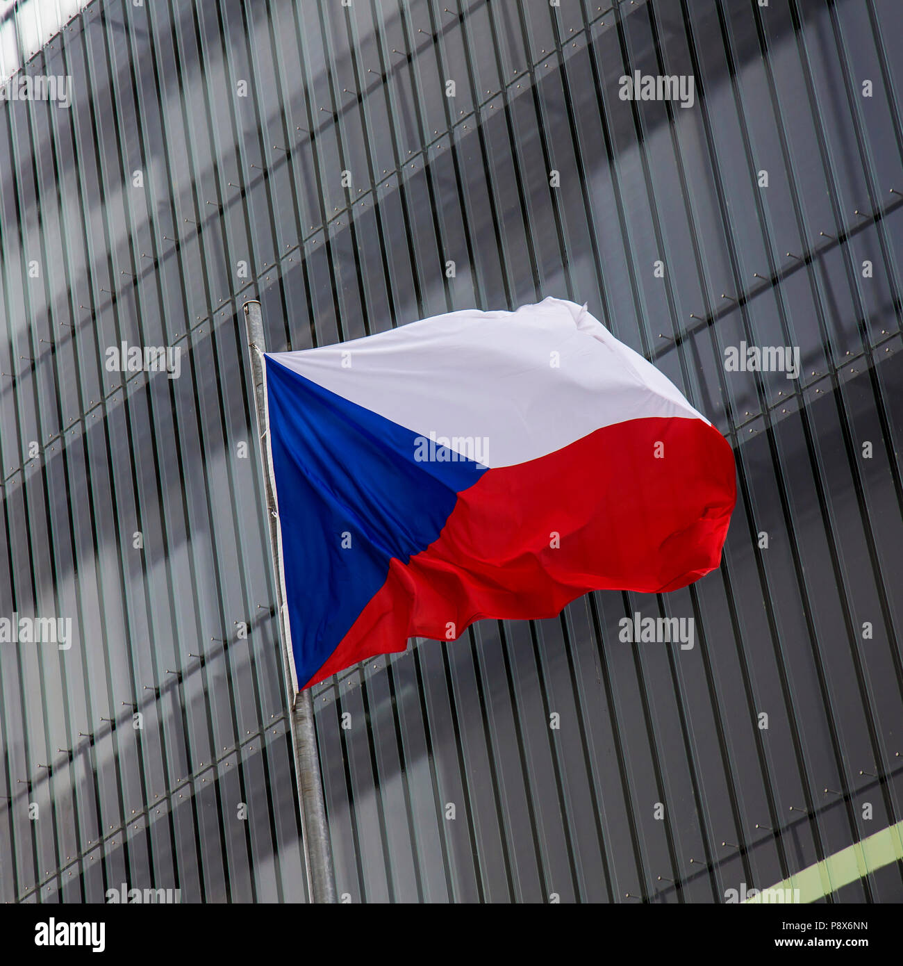 Tschechische Flagge schwenkten gegen Windows von modernes Gebäude Stockfoto