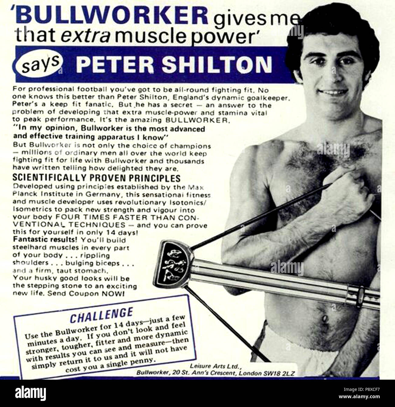 1970er Jahre UK Bullworker Brust Expander Magazin Anzeige Stockfoto