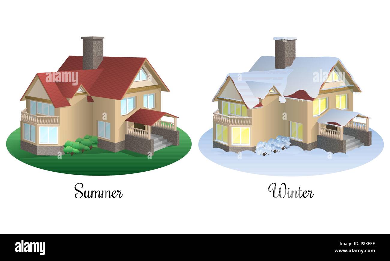 Satz von zwei Häuser im Sommer und Winter Stock Vektor