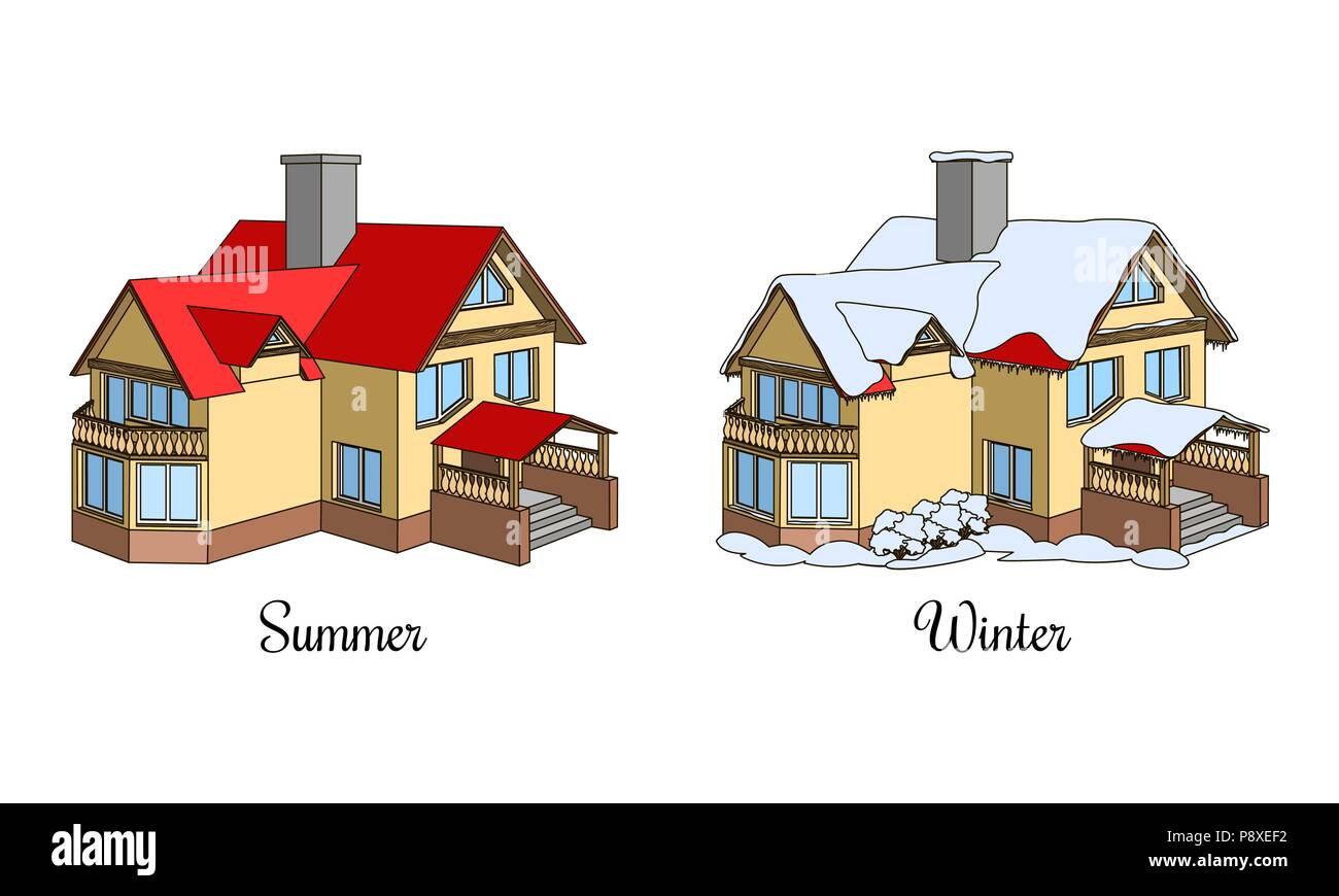 Satz von zwei Häuser im Sommer und Winter Stock Vektor