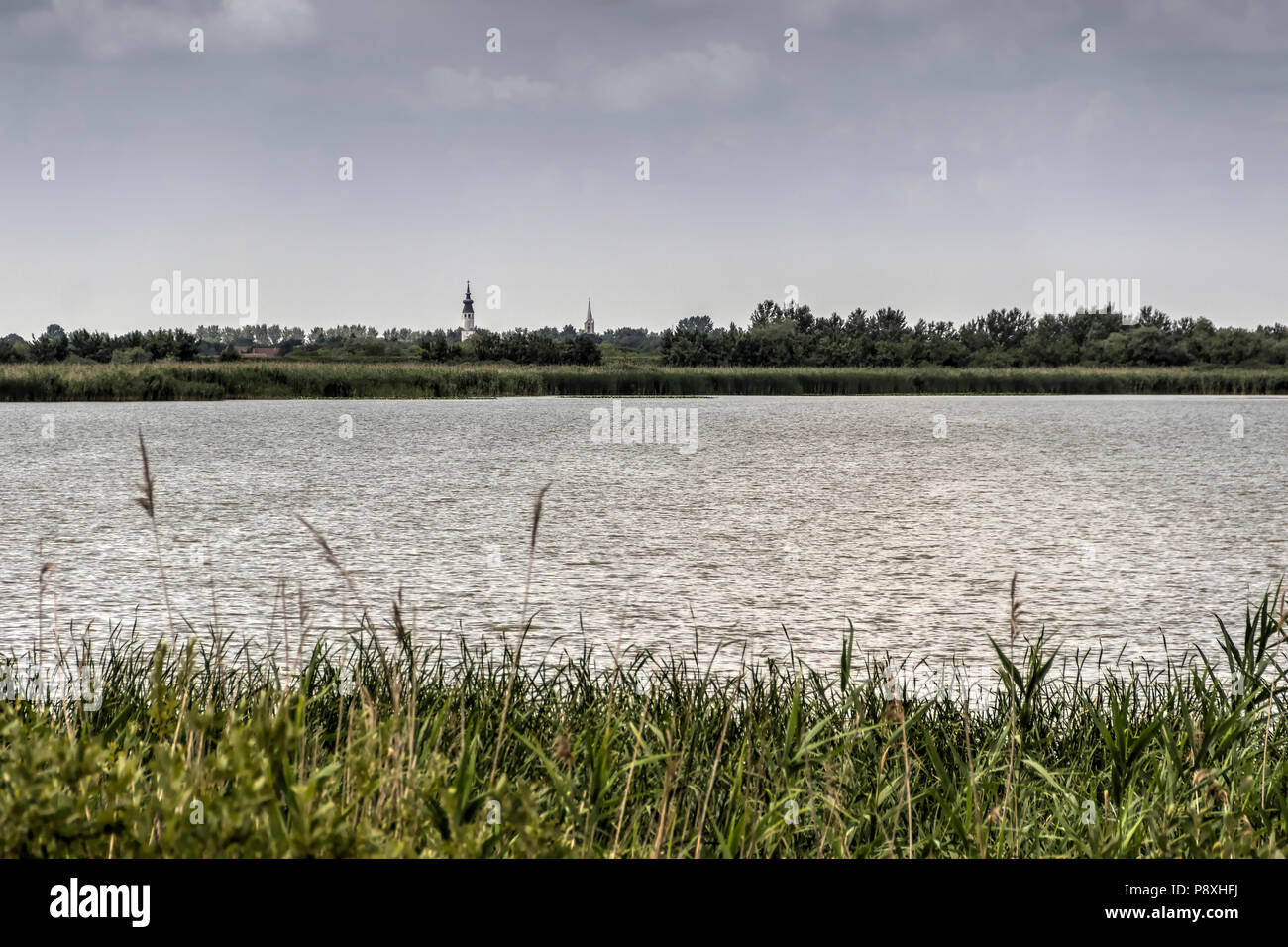 Die Vojvodina, Serbien - am See Blick auf das Dorf Belo Blato über den Kaiserlichen Teich (Carska Bara) Stockfoto