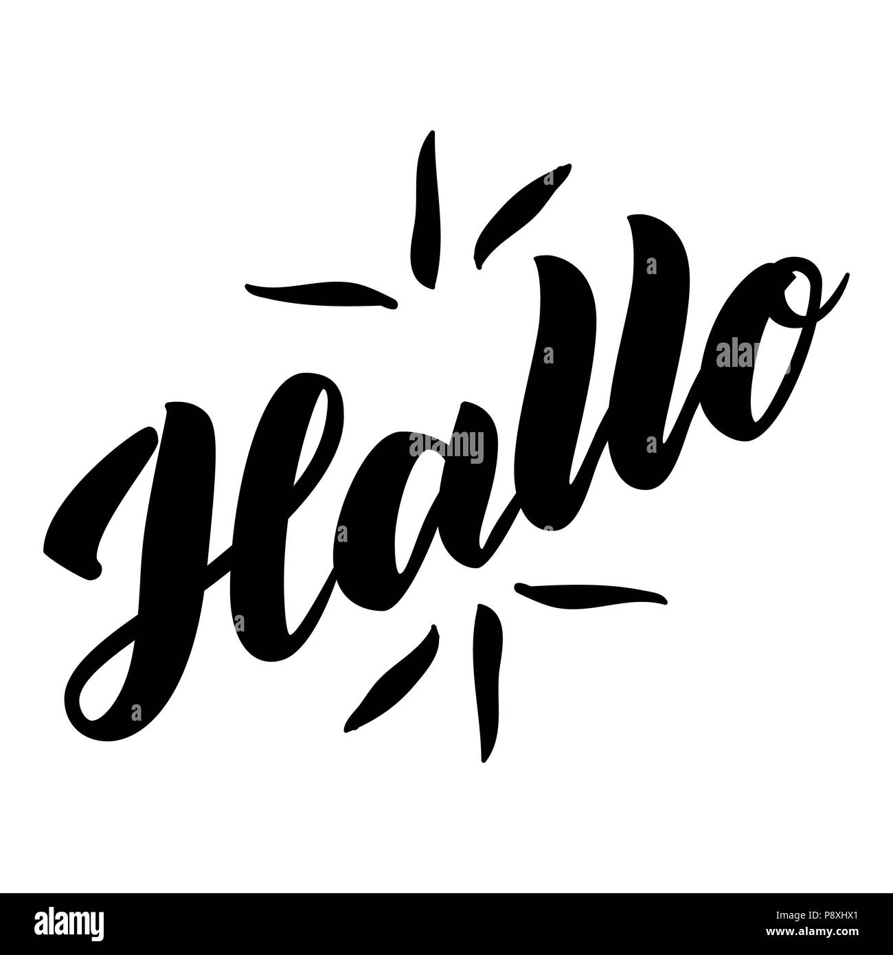 Hallo. Wort Hallo, guten Tag in deutscher Sprache. Modische Kalligraphie. Abbildung auf weißen Hintergrund. Handgezeichneten Schriftzug Stockfoto