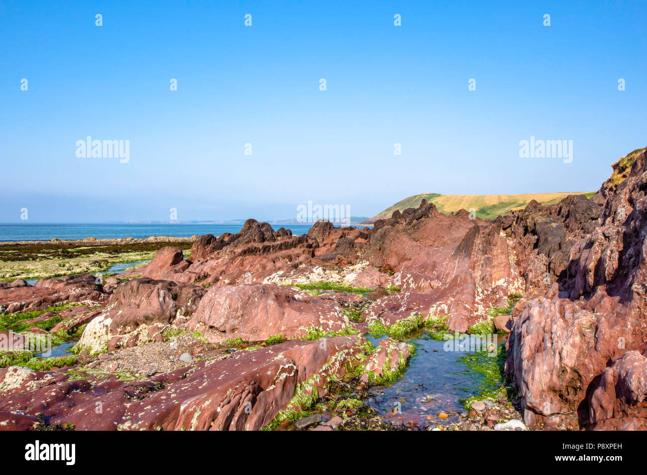 Die schöne Landschaft des dramatischen Pembrokeshire Küsten, South Wales, UK im Sommer. die malerische Landschaft der britischen Küste. Schönen Tag auf idyllischen Strand mit Stockfoto