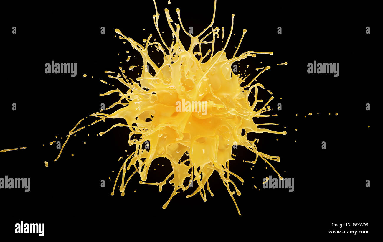 Orange oder Grapefruit Saft Explosion in Zeitlupe. 3D-Darstellung von Obst flüssige Tropfen Splash isoliert auf Schwarz. 4K gelb und orange Hintergrund Stockfoto