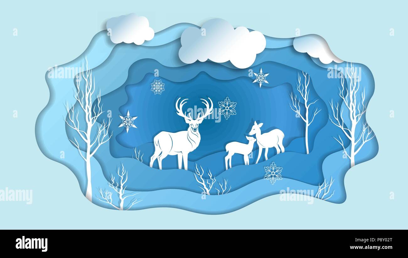 Rotwild auf Winter Forest in Papier schneiden trendige Handwerk Cartoon Stil. Grußkarte, Cover, Poster, Banner. Vector Illustration. Stock Vektor