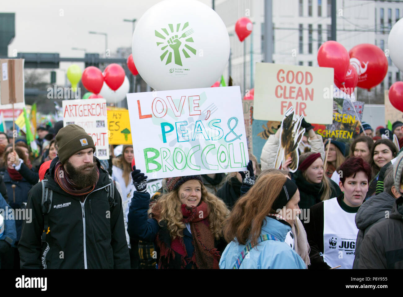 Berlin, Deutschland, Menschen an der Demo protestieren - Wir sind krank! Gegen die industrielle Landwirtschaft und Bienensterben. Stockfoto