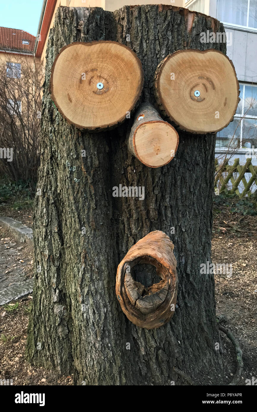 Berlin, Deutschland, Baumstumpf mit Gesicht, eine so genannte Baum Puck Stockfoto