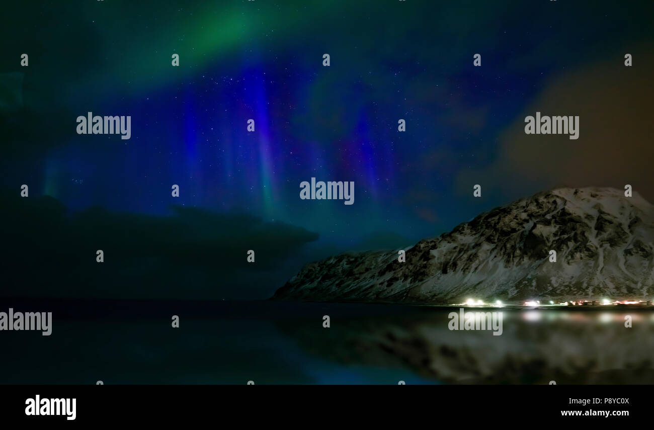 Northern Lights, Skagsanden Strand, Lofoten, Norwegen. Stockfoto