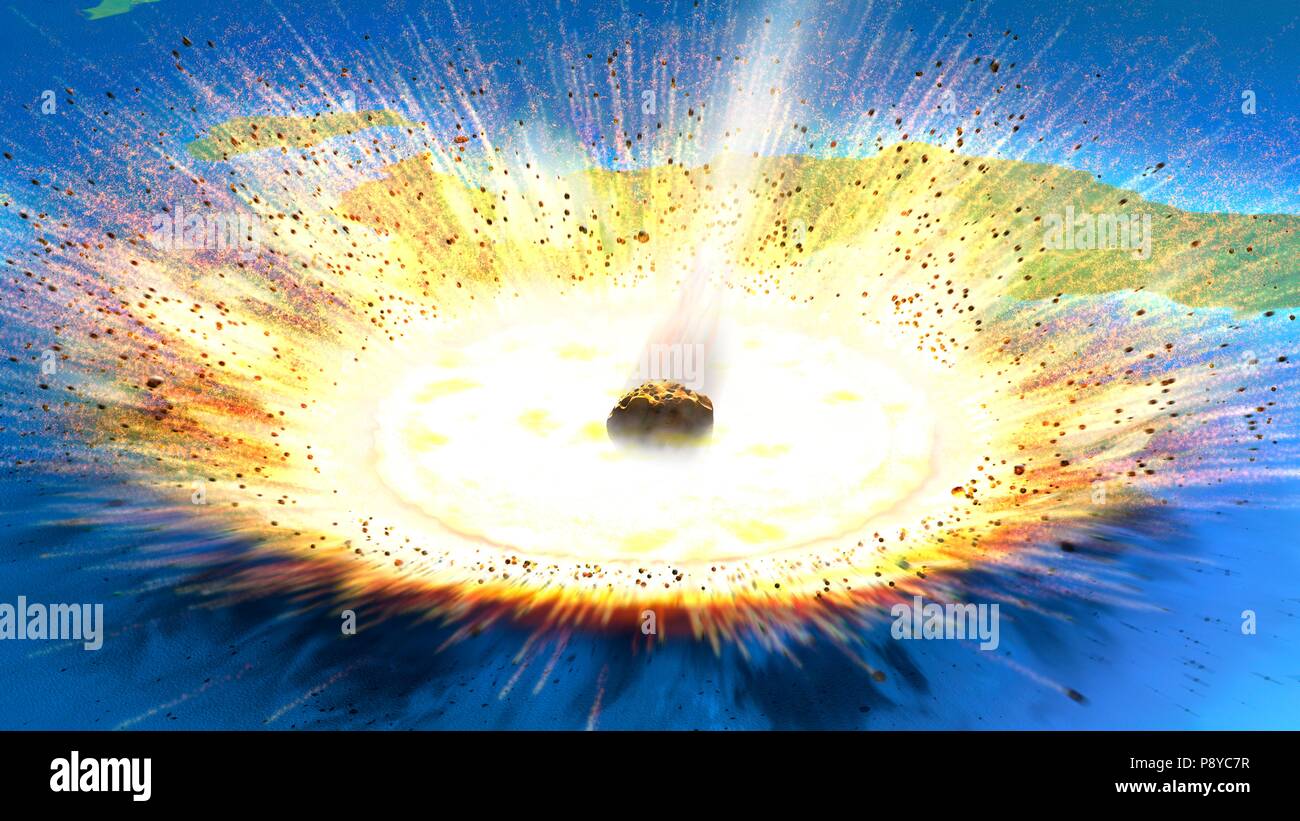 Asteroideneinschlag. Abbildung: ein großer Asteroid mit der Erde kollidiert auf der Halbinsel Yucatan in Mexiko. Diese Auswirkung wird geglaubt, um den Tod der Dinosaurier vor etwa 65 Millionen Jahren geführt haben. Die Auswirkungen der Chicxulub Krater, die rund 200 Kilometer breit. Die Auswirkungen wären Billionen Tonnen Staub in die Atmosphäre geschleudert haben, Kühlung, das Klima der Erde deutlich, die verantwortlich für das Massensterben gewesen. Eine Schicht von Iridium-reiche Rock, wie die K/pg Grenze bekannt, wird gedacht, die Reste der Auswirkungen Fremdkörper zu sein. Stockfoto