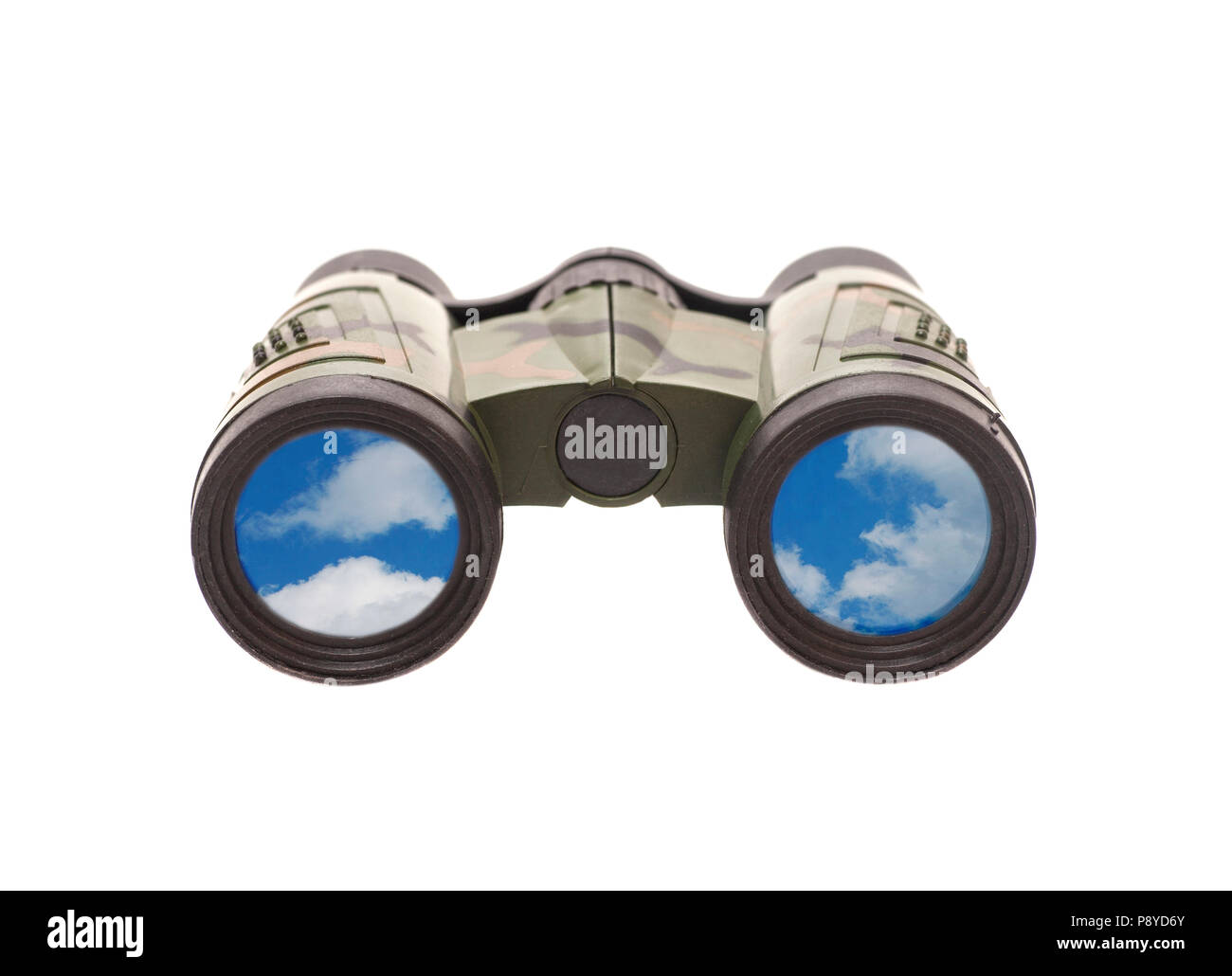 Camouflage Fernglas mit blauer Himmel und Wolken Spiegelung in Objektive Stockfoto