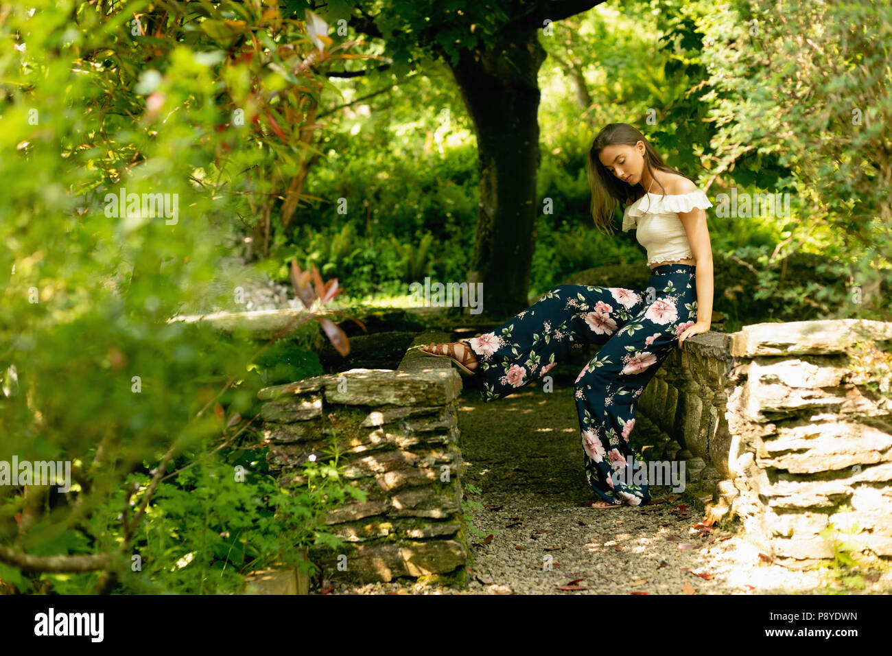 Schöne Frau sitzt auf einem Stein Wand im grünen Wald Stockfoto