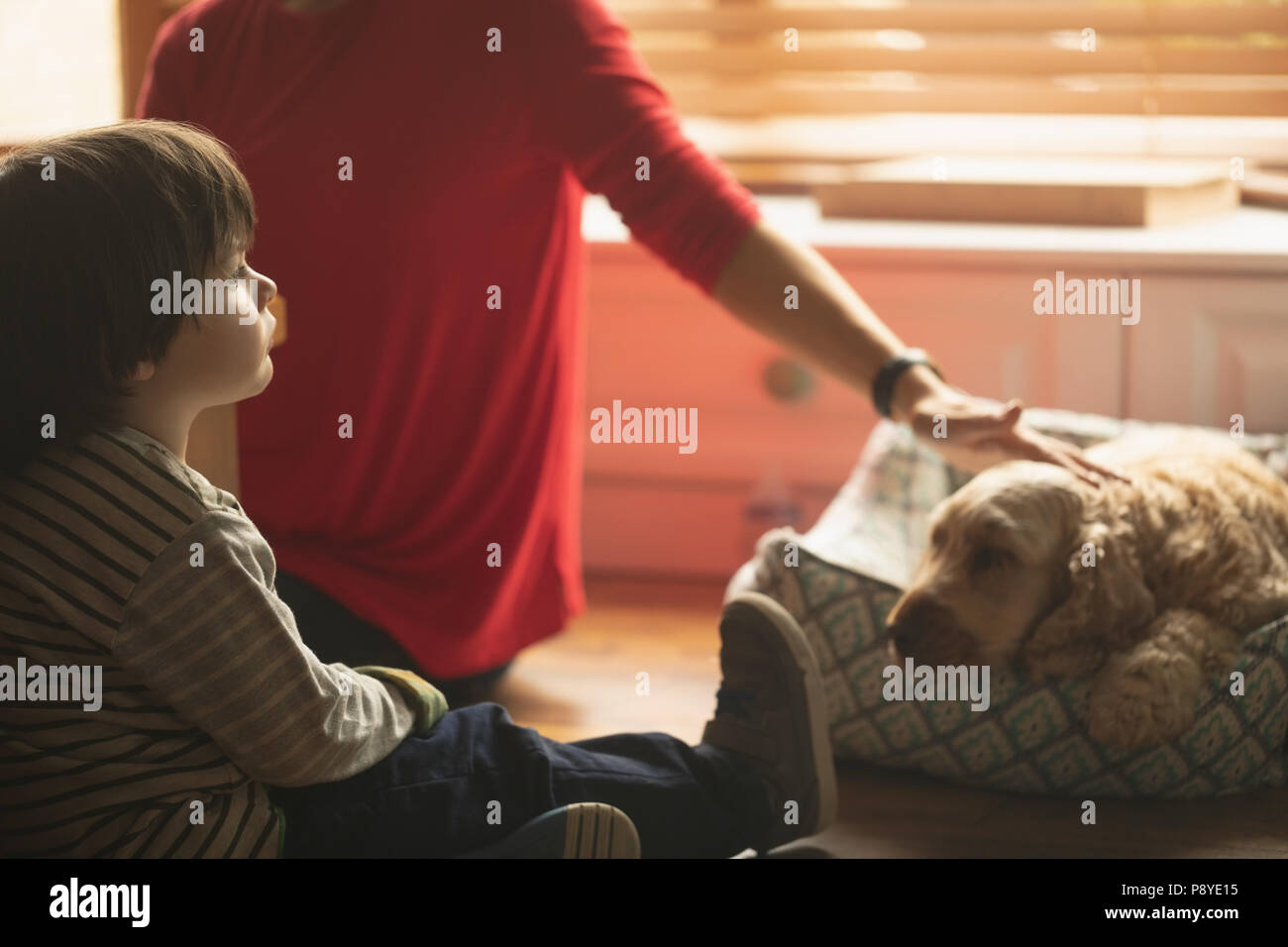 Mutter und Sohn streichelt Hund im Wohnzimmer Stockfoto