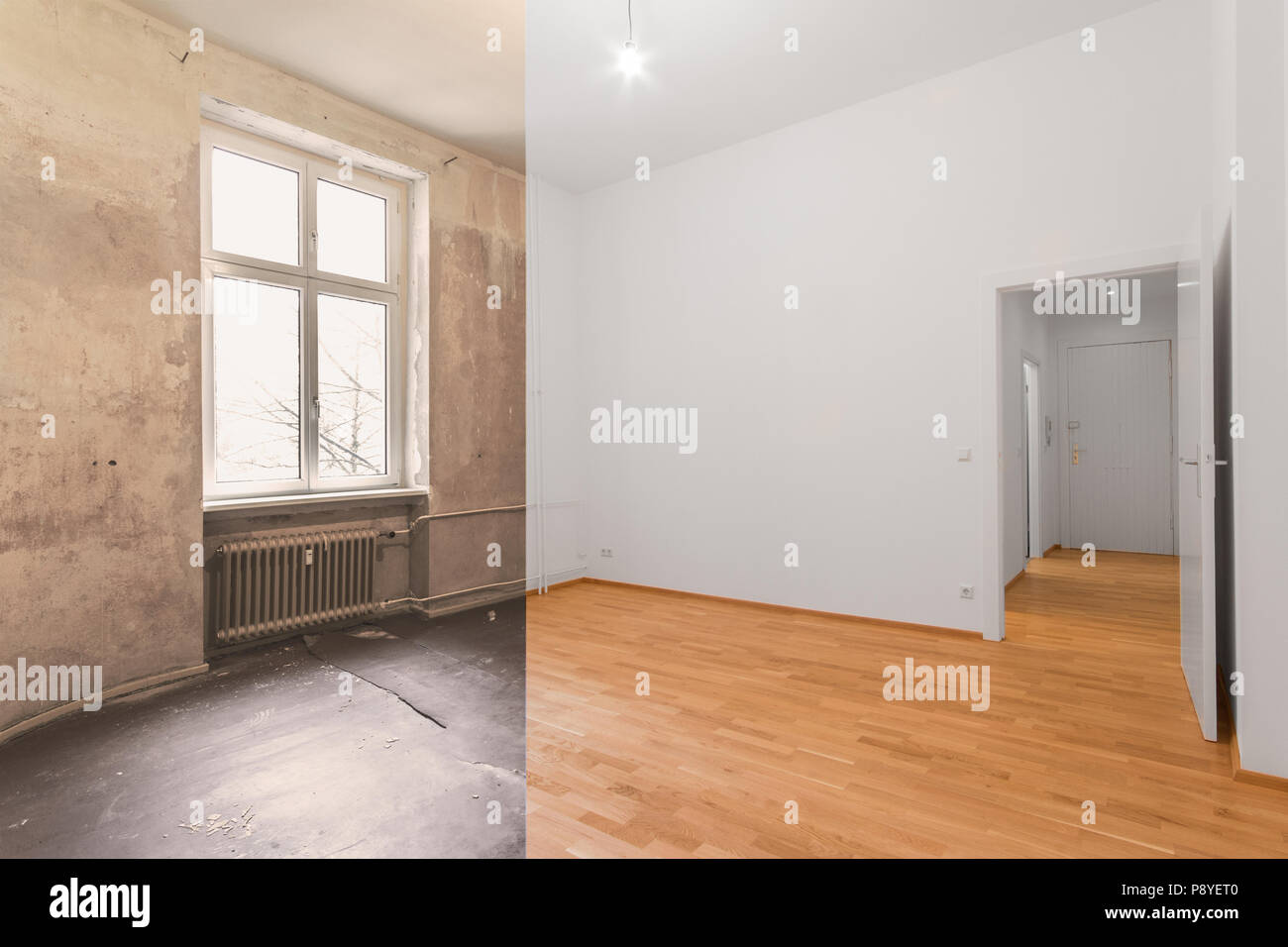 Renovierung vor und nach leeren Wohnung Zimmer, neue und alte, Stockfoto