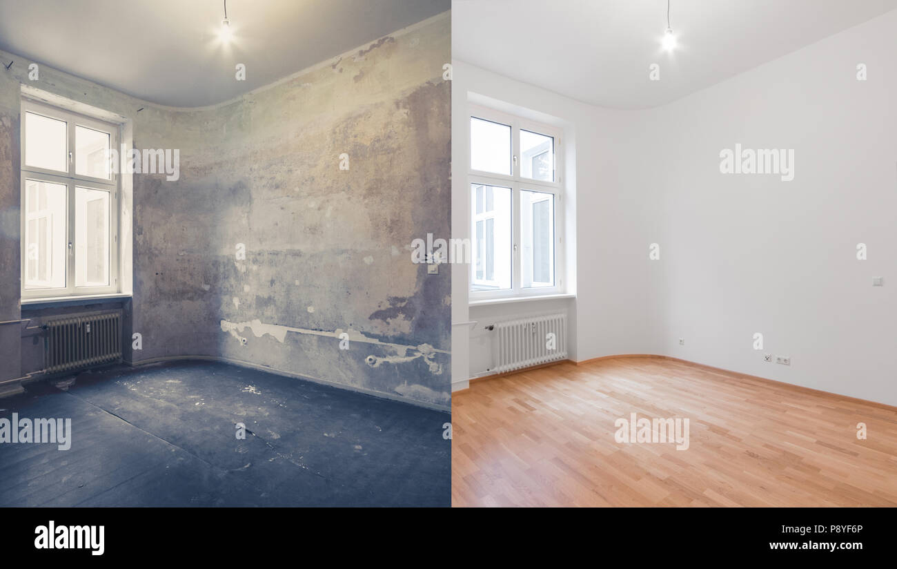 Renovierung vor und nach leeren Wohnung Zimmer, neue und alte, Stockfoto