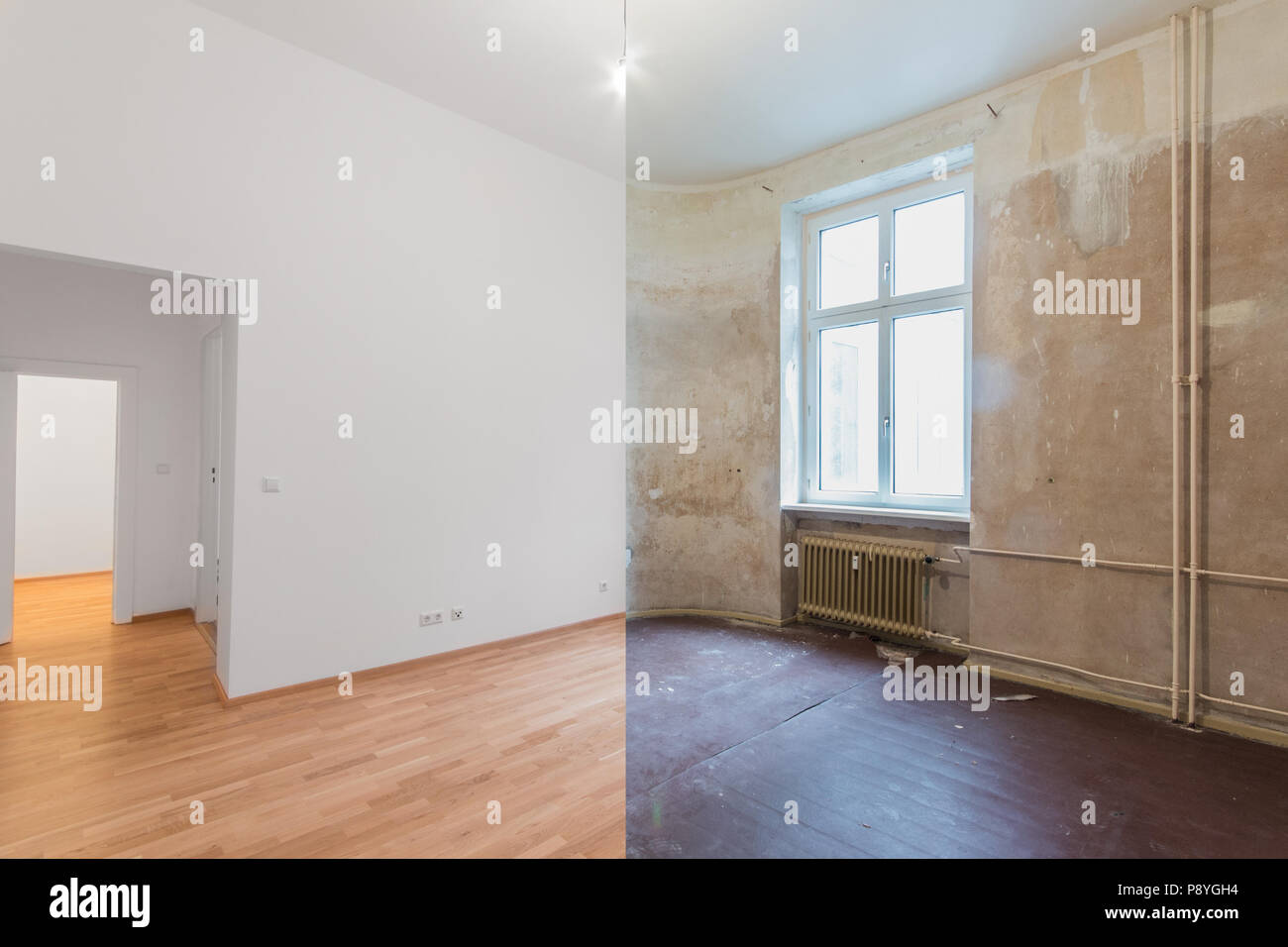 Renovierung vor und nach leeren Wohnung Zimmer, neue und alte, Stockfoto