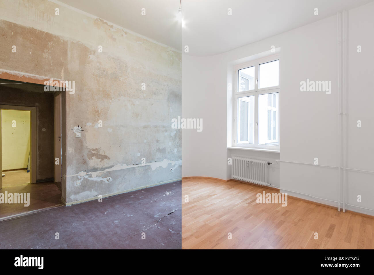 Vor und nach der Renovierung - Renovieren leere Wohnung Zimmer, Stockfoto