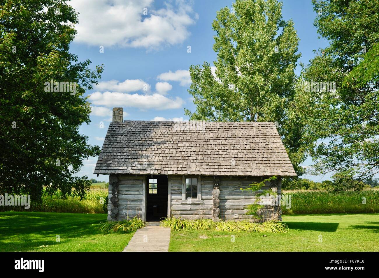 Blockhaus Replik auf der Website von Laura Ingalls Wilder's Geburtshaus, Einstellung für Buch "Little House In The Big Woods', Pepin, Wisconsin, USA Stockfoto