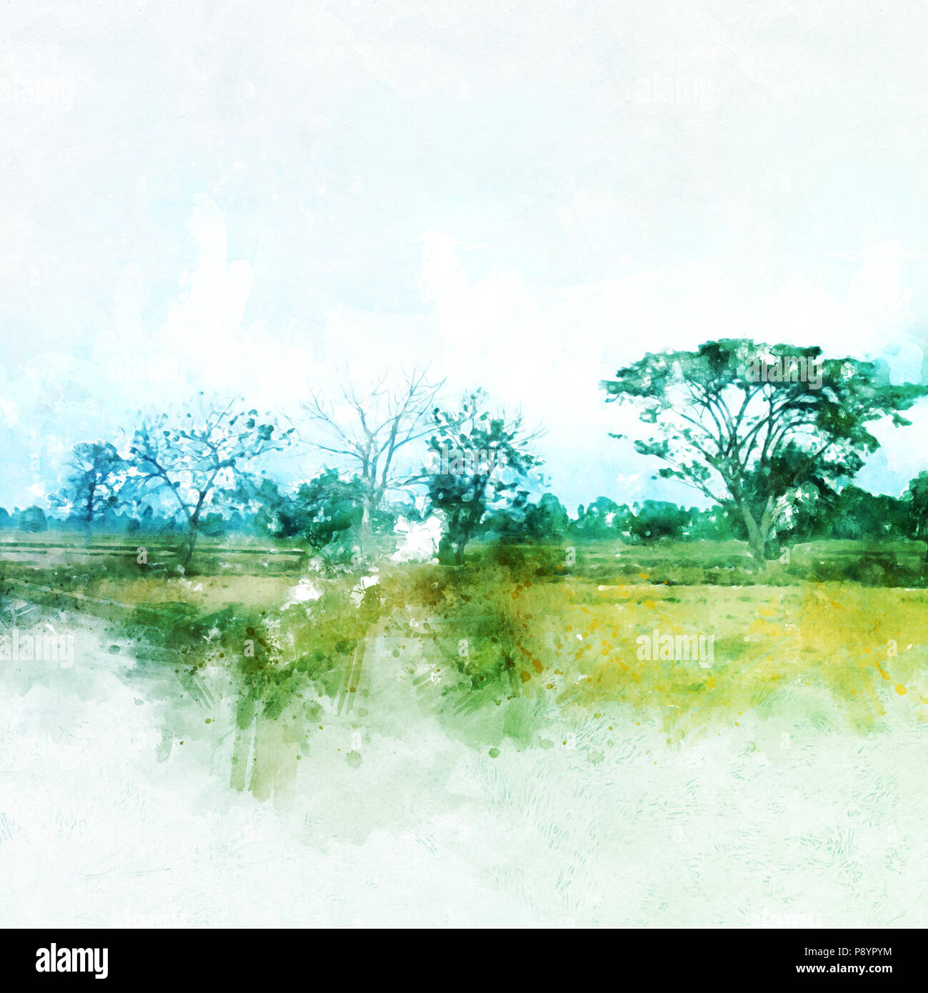 Abstrakte Baum und Feld landschaft aquarell Malerei Hintergrund. Stockfoto