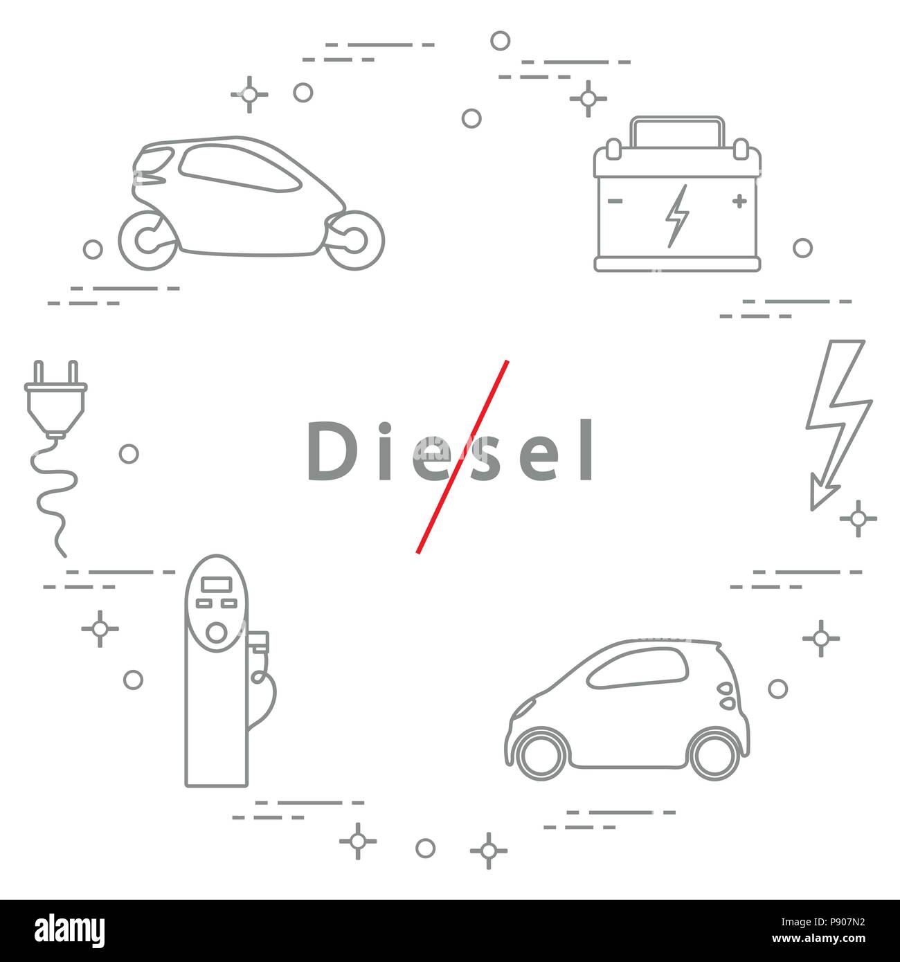 Auf Dieselmotoren verbieten. Transport ist umweltfreundlich. Elektrische Autos, Akku, Ladestation, elektrische Sicherheit Zeichen, Kabel, Stecker Stock Vektor