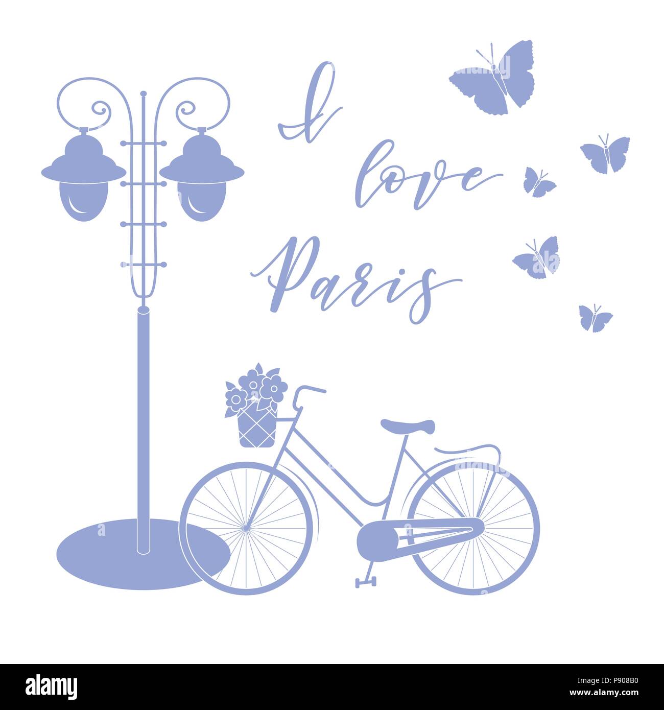 Fahrrad mit einem Korb mit Blumen, Laternen, Schmetterlinge. Die Beschriftung I Paris Liebe. Reisen und Freizeit. Stock Vektor