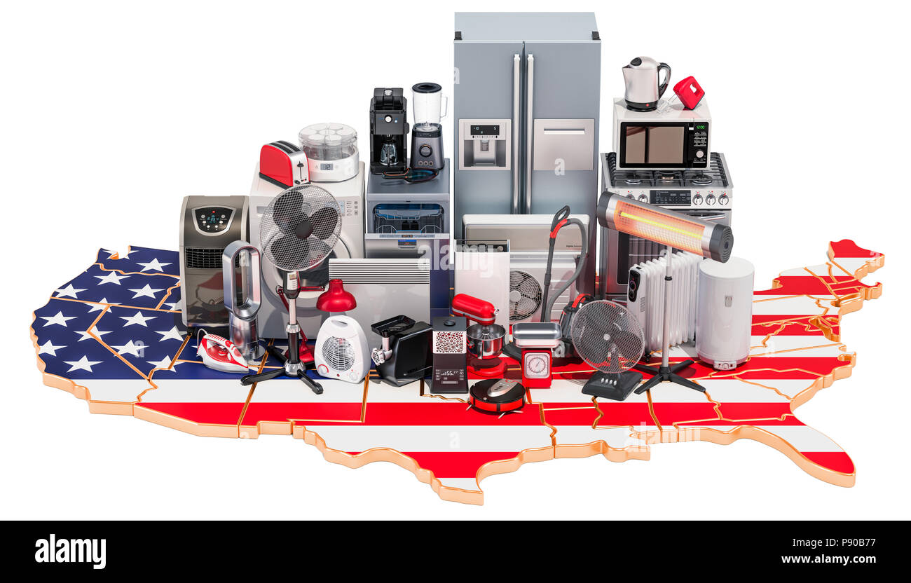 Karte von USA mit Haus- und Küchengeräte, 3D-Rendering auf schwarzem Hintergrund Stockfoto