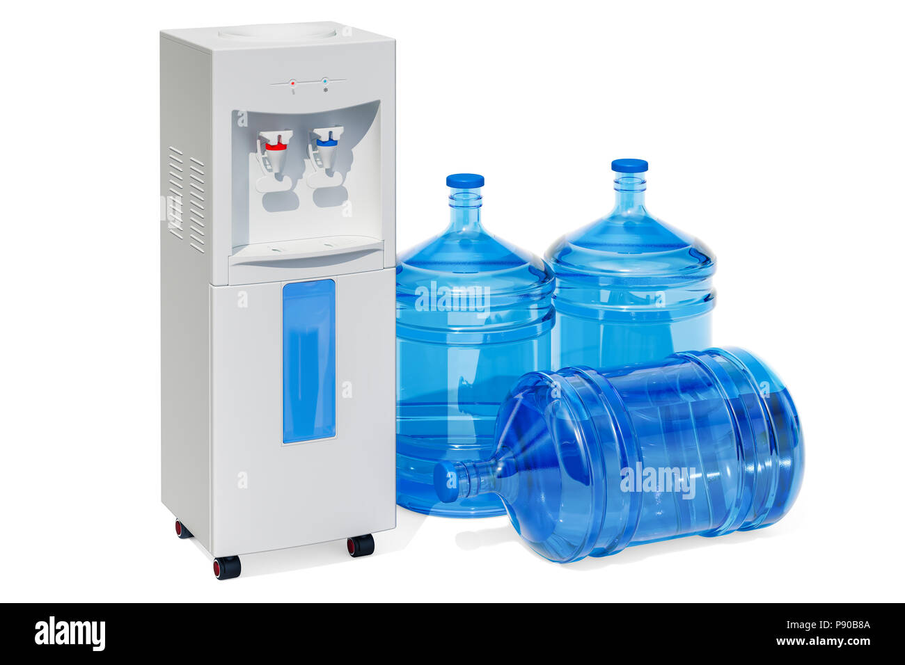 Wasserkühler mit Wasserspender Flaschen, 3D-Rendering auf weißem Hintergrund Stockfoto