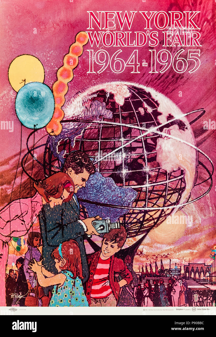 "In New York World's Fair 1964-1965 'Poster von Bob Peak (1927-1992), die eine junge Familie die Messe mit dem Unisphere Besuch im Hintergrund. Weitere Informationen finden Sie unten. Stockfoto