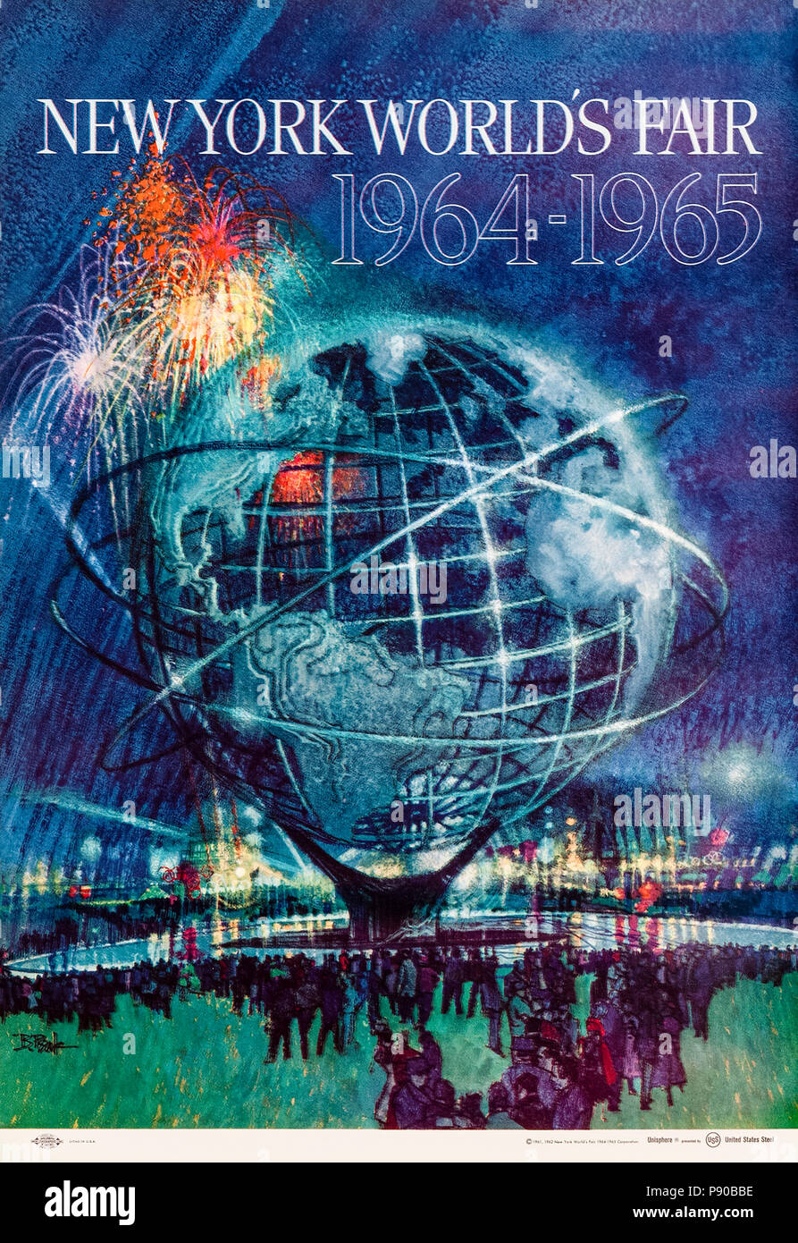 "In New York World's Fair 1964-1965 'Poster von Bob Peak (1927-1992), Feuerwerk über dem Unisphere. Weitere Informationen finden Sie unten. Stockfoto