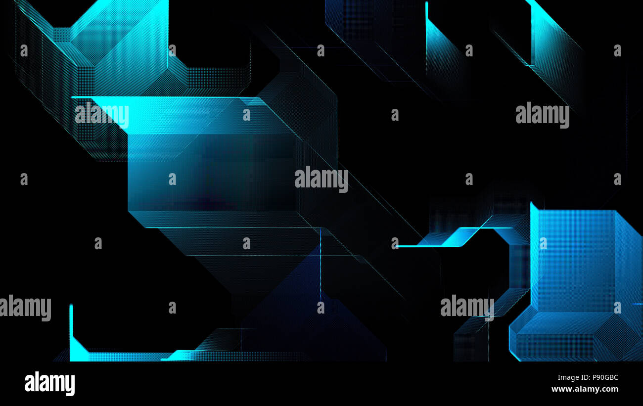 Abstrakte Rasterpunkte Ecken Design. Muster Motion Graphics 3D-Abbildung. Hellblaue Punkte gleichmäßig auf dem Bildschirm erscheinen. Futuristische HUD Hintergrund Stockfoto