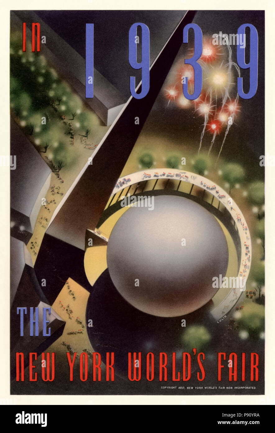 "In New York World's Fair 1939" Plakat von Nembhard N. Culin (1908-1990) im Jahr 1937 veröffentlichten zeigt eine Luftaufnahme des Trylon und Perisphere, die im Mittelpunkt des Internationalen Ausstellung, die vom 30. April 1939 nahmen bis zum 31. Oktober 1940 in Flushing Meadows in New York City gebildet. Weitere Informationen finden Sie unten. Stockfoto