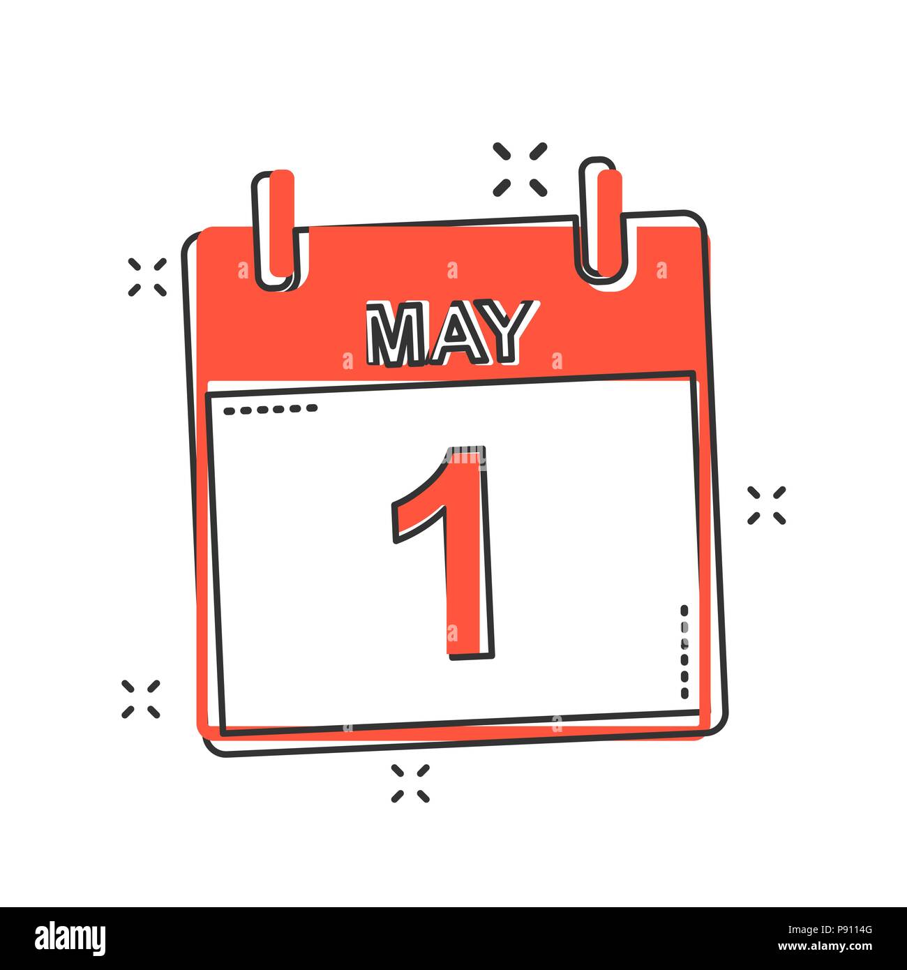 Vektor Cartoon 1. Mai Kalendersymbol im Comic Stil. Kalender anmelden Abbildung Piktogramm. Tag der Arbeit agenda Business splash Wirkung Konzept. Stock Vektor