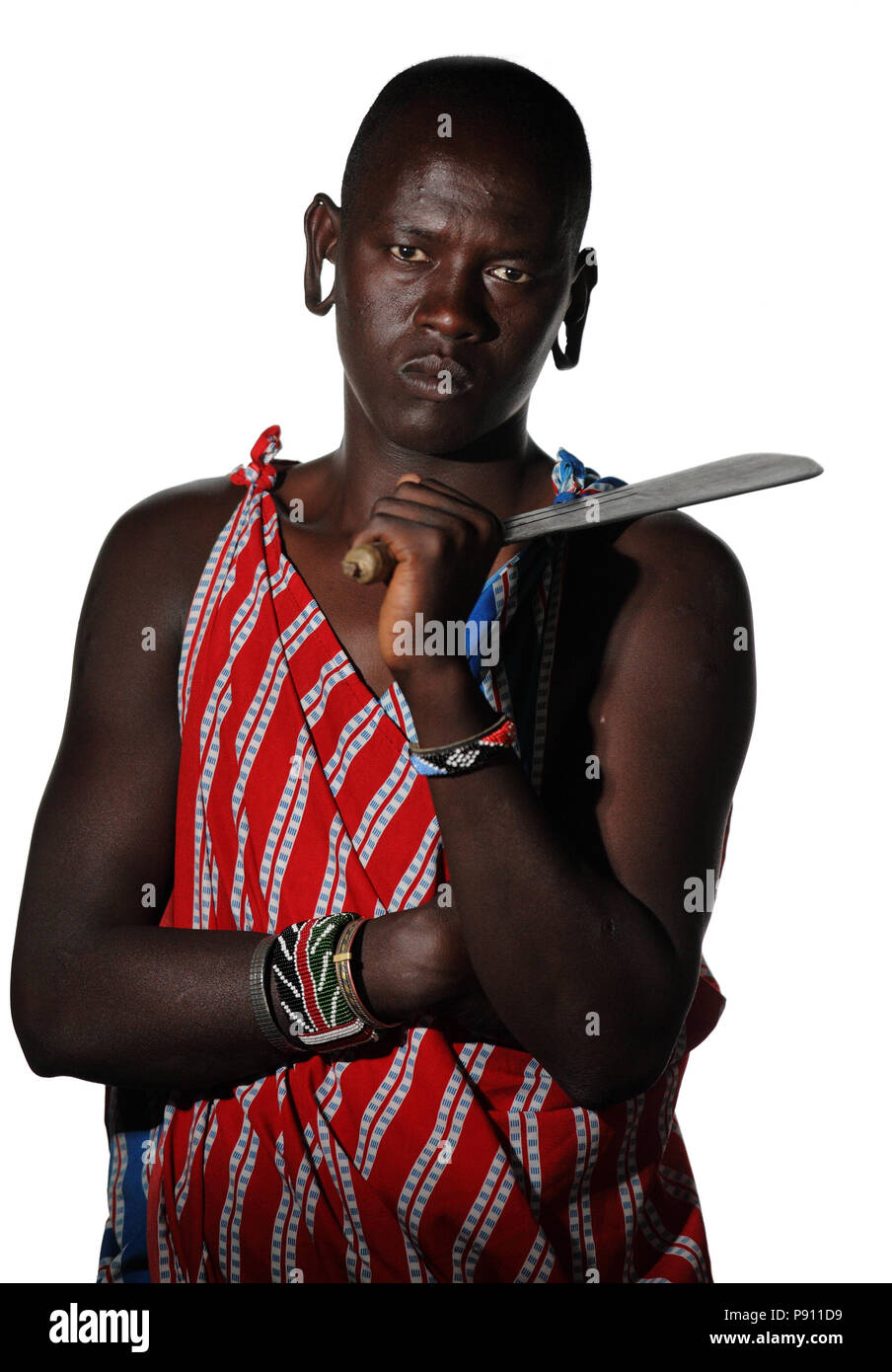 Masai traditionellen Stamm Mann mit weißem Hintergrund, Masai Krieger weißen Hintergrund tribal Mann Stockfoto