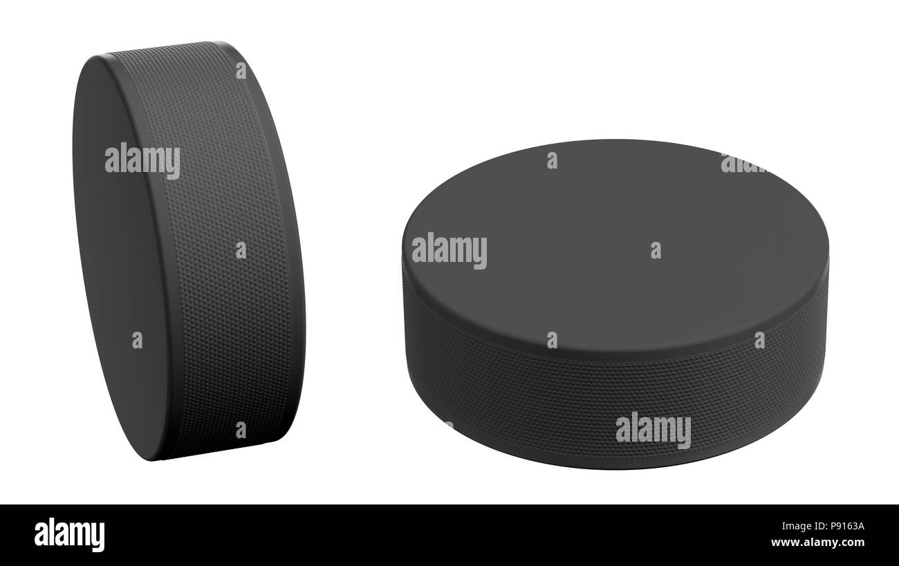 Hockey Puck in verschiedenen auf weißem Hintergrund. 3D-Rendering Stockfoto