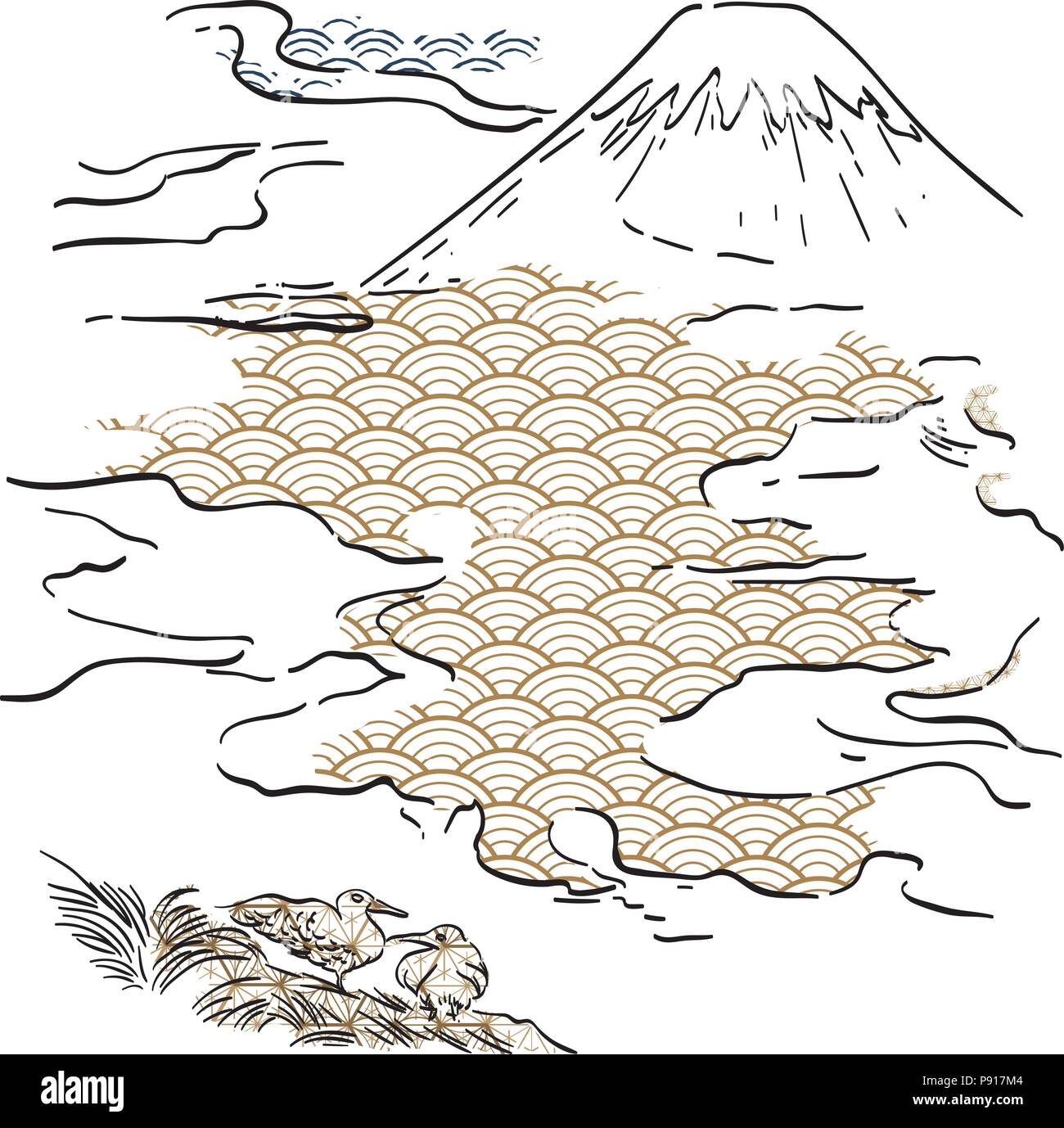 Fuji Berg Hand gezeichnet Vektor mit japanischen Muster Hintergrund. Schwarz und gold Pinselstrich Tier- und wave Elementen. Stock Vektor