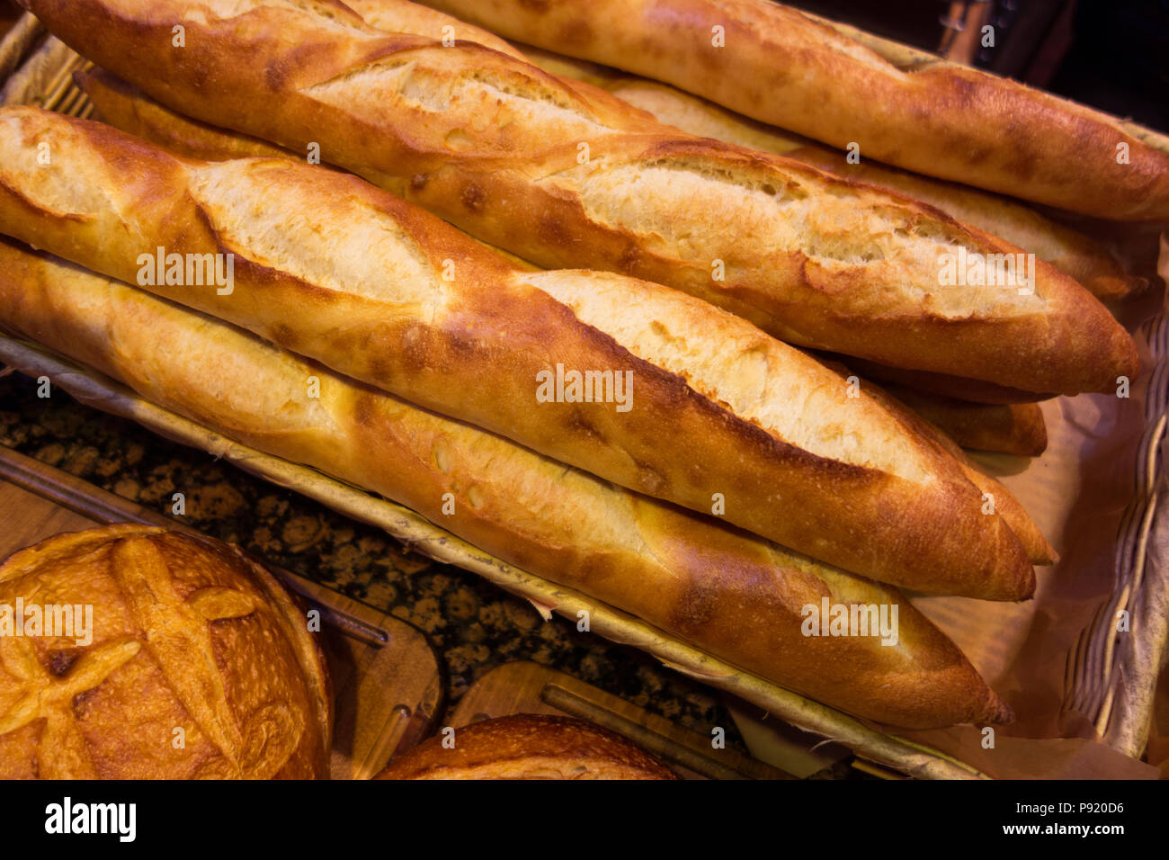 Französisches Brot Nahaufnahme Hintergrund Stockfoto