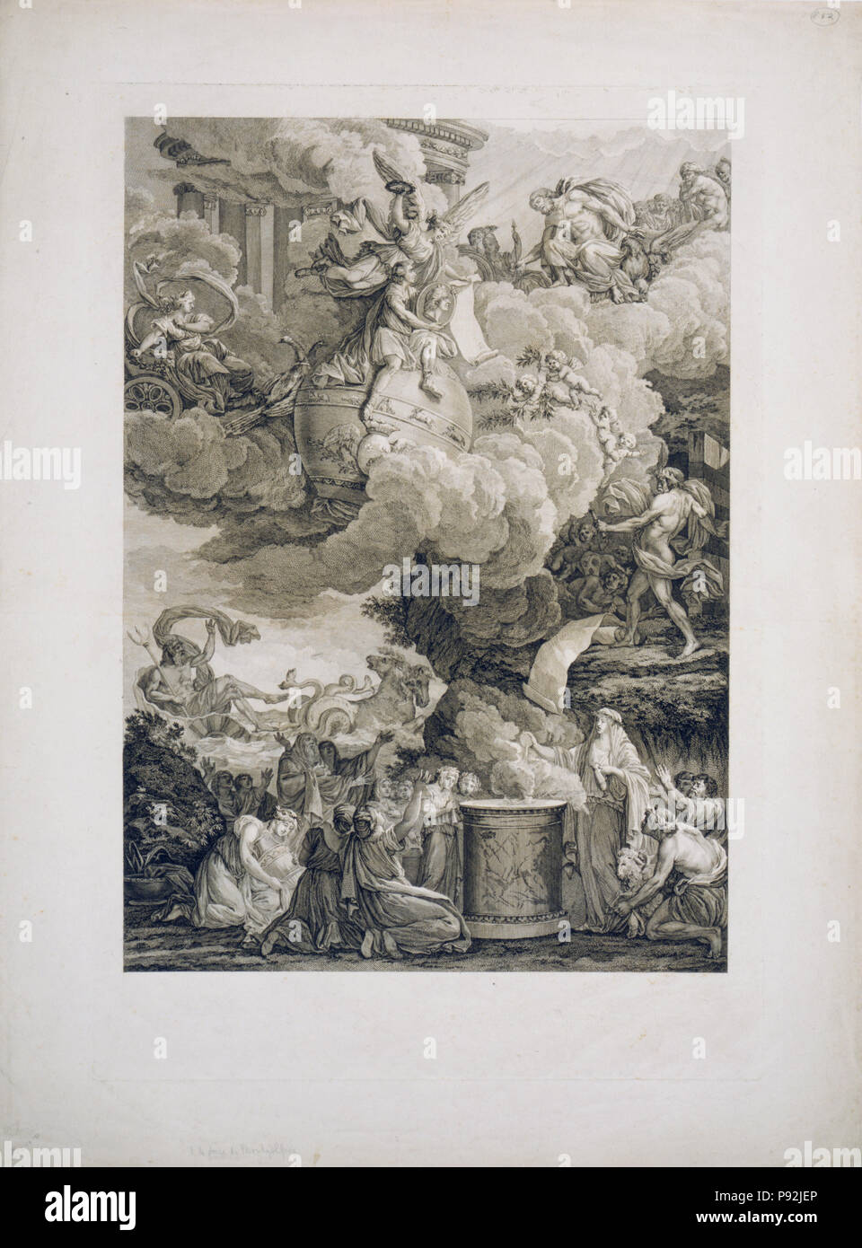 Allegorische Drucken zeigt die Höhe der Brüder Montgolfier, französische Ballonfahrer, Status der Göttlichen. 1790-1820 - Apotheose des Montgolfier Stockfoto