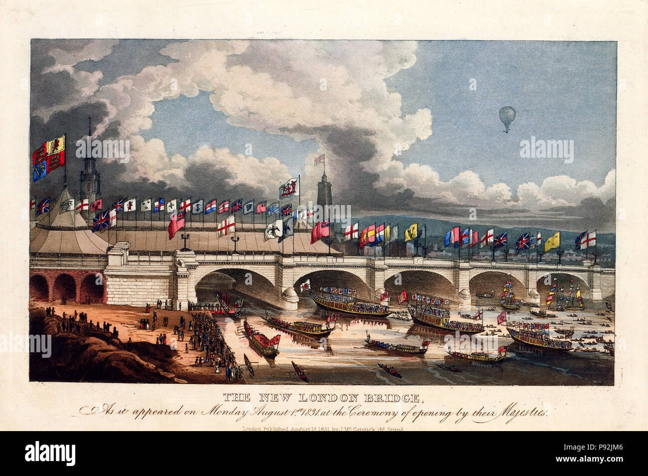 Ballon möglicherweise durch britische Ballonfahrer Charles Green Aufstieg über eine neue London Bridge anlässlich der Eröffnung pilotiert, 31. August 1831 von William IV erlebt Stockfoto