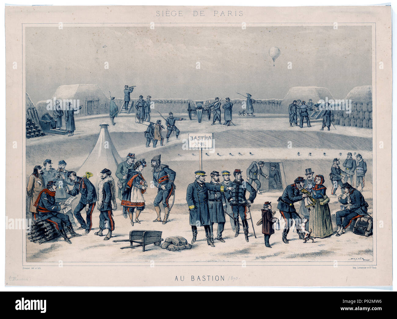 Militärische Leben auf Französisch fort, Bastion Nr. 95, während der Belagerung von Paris, 1870. Ein Ballon fliegt über das Fort in der Ferne. ca 1870 Stockfoto