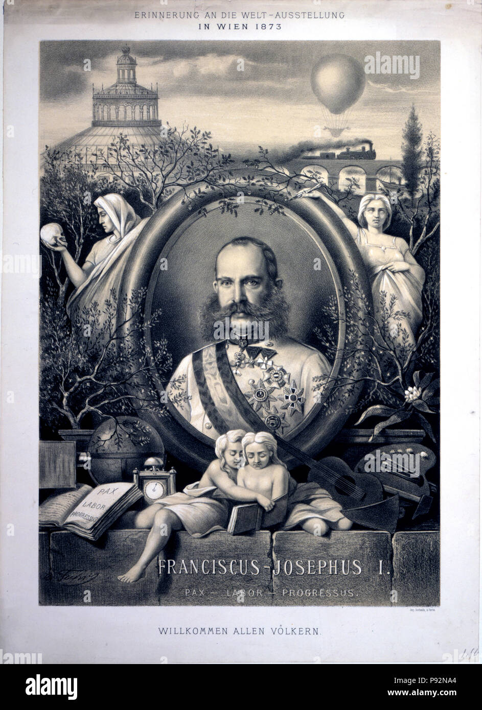 Drucken für die Weltausstellung in Wien Welt zeigt Kopf und Schultern Portrait von Kaiser Franz Joseph I. von Österreich, in Uniform, 1873 Stockfoto