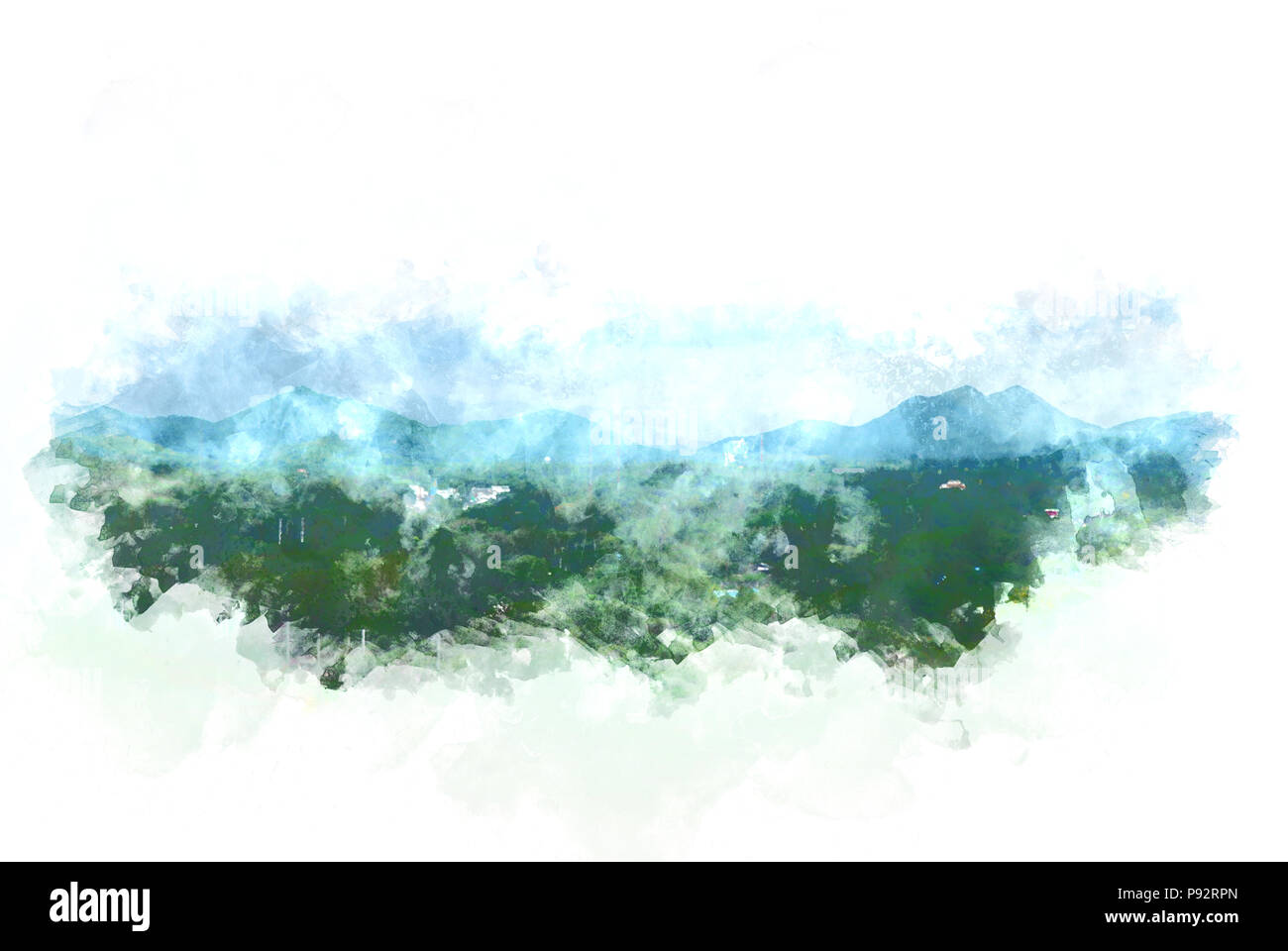 Abstrakte farbenfrohe Berg und Feld Landschaft auf Aquarell illustration Malerei Hintergrund. Stockfoto
